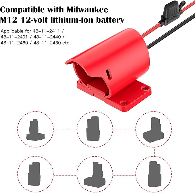 Power Wheel Adapter for Milwaukee M12 Battery Adapter with Wire Harness Connector Compatible with Peg-Perego Children's Riding Toys, 12V Power Wheel Battery Converter with Fuse and 12AWG Wire