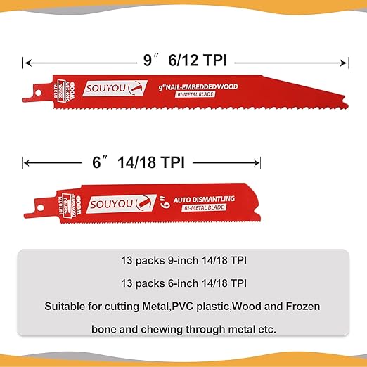 13 Pack 9 in 14/18 TPI and 13 Pack 6 in 14/18 TPI Bi-Metal Reciprocating Saw Blades for Automobile Dismantling Metal Steel Cutting Non-Stick Coated for Less Heat for 1/16-5/16 Medium Metals