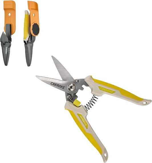 7" Scissors All Purpose, Heavy Duty, Multipurpose, for DIY Projects, Office, Production Lines, Pruning, with Protective Sheath and Magnetic Holder (Brown/Yellow)