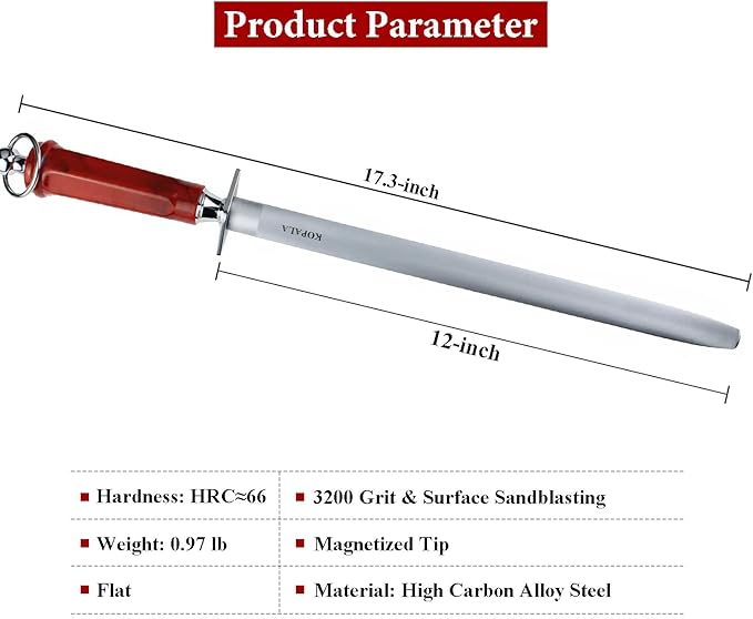 Sharpening Steel Knife Sharpener Rod Flat 12 Inches Honing Steel for Knives Red