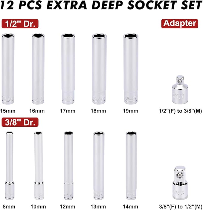 CASOMAN 12 PCS 3/8-Inch & 1/2-Inch Drive Extra Deep Socket Set with Storage Case, 6 Point, 8mm to 19mm, Metric, CR-V, Include Adapters
