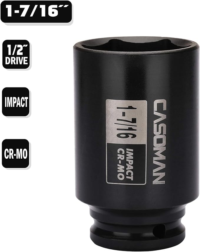 CASOMAN 6-Point 1/2-Inch Drive Deep Impact Socket- 1-7/16" (SAE), CR-MO, 1/2-inch Drive 6 Point Axle Nut Socket for Easy Removal of Axle Shaft Nuts (1-7/16")