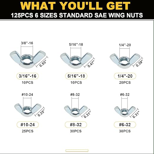 Siptenk SAE Wing Nuts 125PCS, #6-32#8-32#10-24 1/4"-20 3/8"-16 5/16"-18 Wingnuts 6 Assorted Sizes Carbon Steel Zinc Plated Butterfly Wing Nut Fasteners Hardware Assortment Kit