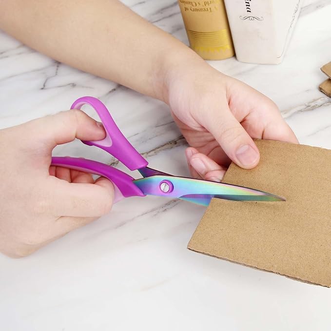 8.5" Scissors All Purpose, Multipurpose Office Scissors Set of 3 Pack, Titanium Coating Sharp Blade, Soft Comfort-Grip, Ideal for Fabric, School, Home, Craft & Sewing, Right/Left Handed, Purple