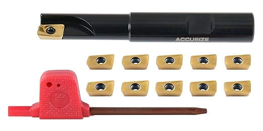 Accusize Industrial Tools 1/2" 90째 Square Shoulder Indexable End Mill w/ 10 add'l APKT11T308 Inserts, 1/2" Shank, 3-1/4" OAL, 0.433" ap, 1 Flute, APKT11T308, Carbide Insert, 0056-0914+0056-1130