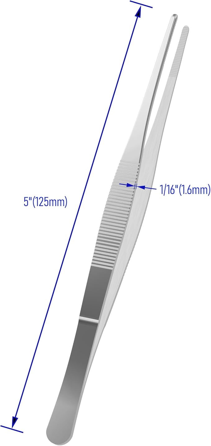 5 Inch Stainless Steel Tweezers, with Straight Round Blunt Serrated Tip, 1/16 Inch Thickness Stainless Steel, Multipurpose Daily Garden Home Lab Craft Repairing Tool