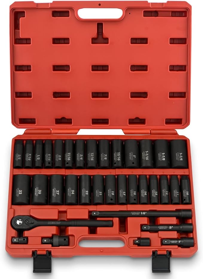 NEIKO 02446A 1/2" Impact Socket Set, 35 Piece, Deep Socket Kit Assortment, Standard SAE (3/8??1-1/4?? and Metric MM (10-32mm) Sizes, Includes Ratchet Handle and Impact Extension Bars