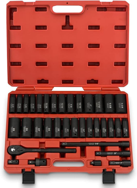 NEIKO 02446A 1/2" Impact Socket Set, 35 Piece, Deep Socket Kit Assortment, Standard SAE (3/8??1-1/4?? and Metric MM (10-32mm) Sizes, Includes Ratchet Handle and Impact Extension Bars