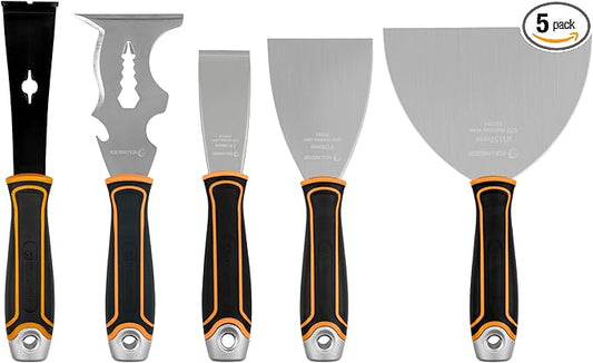 ROLLINGDOG 5 PC Drywall Repair Knife Set - Include Putty Knife Needed for Drywall Work (1.5" Stiff Blade Scraper, 1.5" Pry Bar, 14-1 Mutil Painter's tool,3" and 6" Flexible Putty Knife)