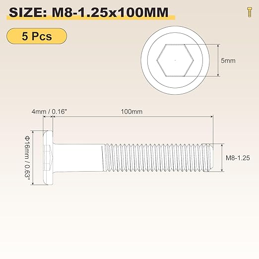 METALLIXITY Flat Head Hex Socket Cap Screws Bolts(M8-1.25x100) 5Pcs, Steel Hex Socket Furniture Bolts Screws - for Furniture Woodworking Project, Yellow