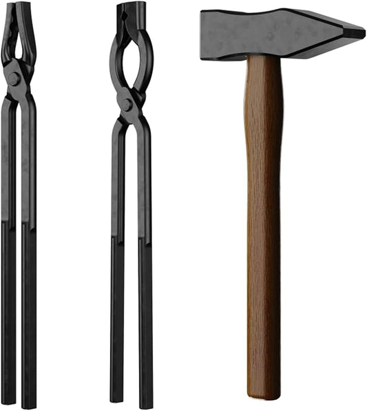 3PCS Blacksmith Tools with Blacksmith Tongs and Blacksmith Hammer, Wolf Jaw, V-Bit Bolt with A3 Steel Rivets, and Assembled Blacksmithing Tongs for Forging Tools and Equipment