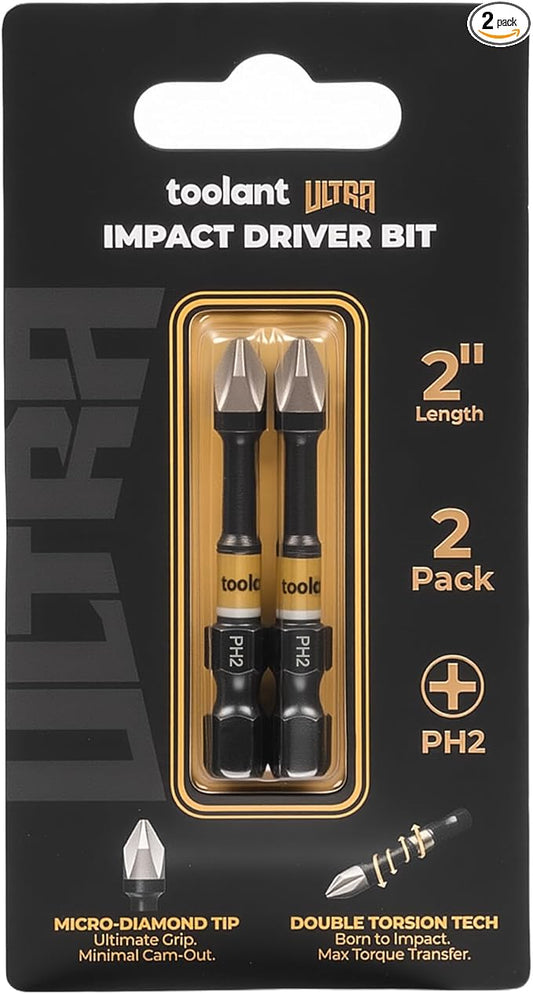 toolant 2 Inch Phillips Bit#2, Magnetic Anti Slip Impact Screwdriver Bits Set, 2pcs Impact Steel X2 PH2 Driver Dit Set with CNC Machined Tips for Impact Driver