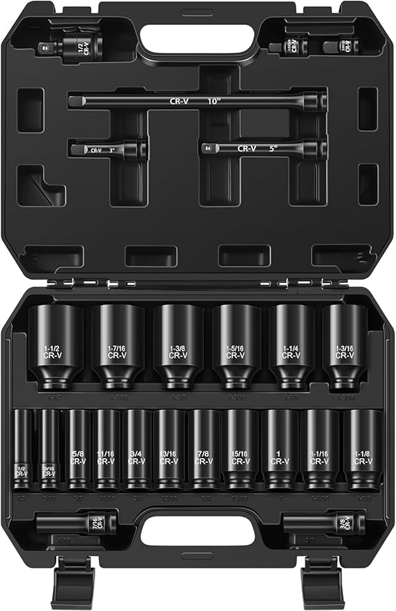 Aloanes 25-Piece 1/2" Drive Socket Set, SAE (3/8"- 1-1/2"), Deep Sockets, 1/2" F to 3/8" M Reducer,3/8" F to 1/2" M Reducer, Universal Joint, Extension Bars, 6 Point, Cr-V