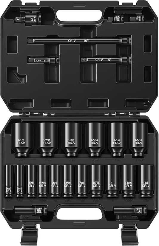 Aloanes 25-Piece 1/2" Drive Socket Set, SAE (3/8"- 1-1/2"), Deep Sockets, 1/2" F to 3/8" M Reducer,3/8" F to 1/2" M Reducer, Universal Joint, Extension Bars, 6 Point, Cr-V