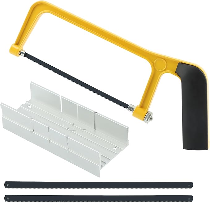6 Inch Mini Hacksaw and Mitre Block Set, Adjustable Miter Box and Saw Set with 2 Spare Blades, Aluminum Cutting Saw Hack Saws for Woodworking, Hacksaw, Metal Cutting (Yellow)