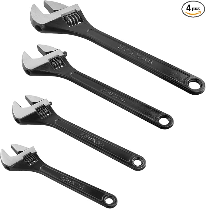 HOIGON Set of 4 Black Adjustable Wrench, 8 10 12 15 Inch Heavy Duty Crescent Wrenches with Wide Jaw and Ergonomic Handle for Machine Maintenance