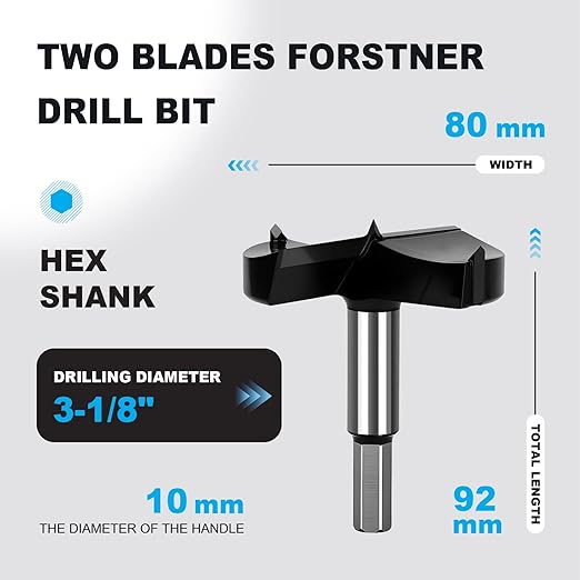 3-1/8 Inch Forstner Drill Bit Carbide Tipped,Woodworking Hinge Cutter for Precise Flat Bottom Holes in Hard Wood,Plywood,Plastic - Professional Grade