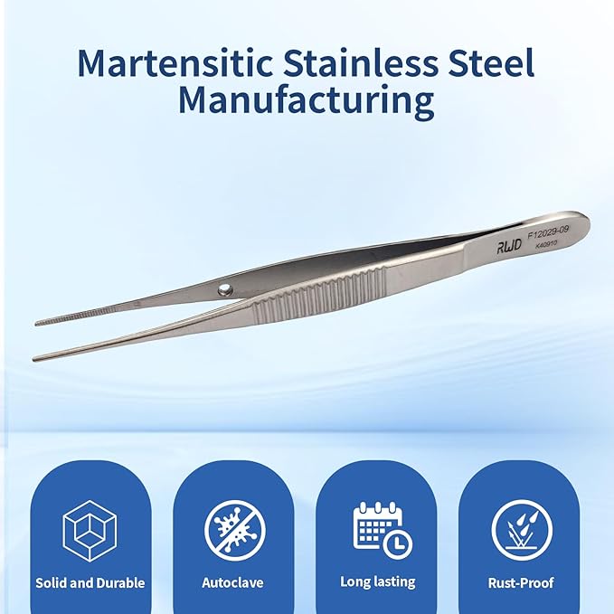RWD Dressing Forceps 3.7", Martensitic Stainless Steel Medical Tweezers, 0.8mm Width Serrated Straight Tip, Micro Forceps Tweezer, Surgical Tweezer for High-Precision Handling (F12029-09)