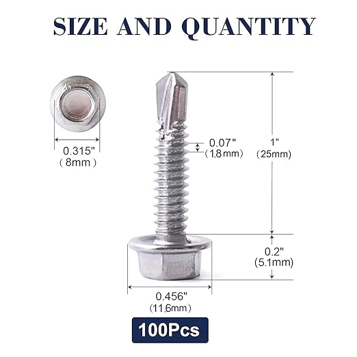 #12 x 1 Sheet Metal Screws 100PCS 410 Stainless Steel Hex Washer Head Fast Self Tapping Screws by SG TZH