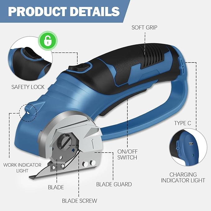 Cordless Electric Scissors, 4V Box Cutter & Cardboard Cutter with 2 Titanium Blades - Rotary Cutter with LED Light for Fabric, Leather, Carpet, Plastic, Crafting + Storage Case (Steel Blue)