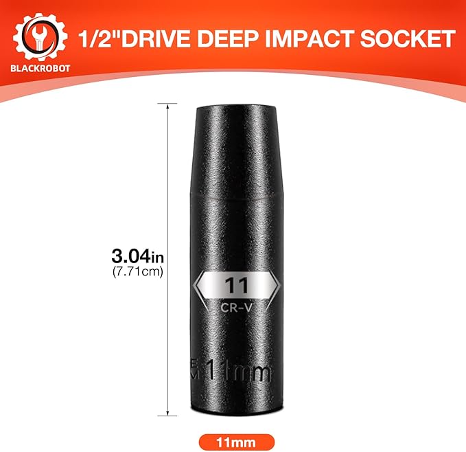BLACKROBOT 1/2 Inch Drive 6-Point Deep Socket, 11mm Deep Impact Socket, CR-V Steel
