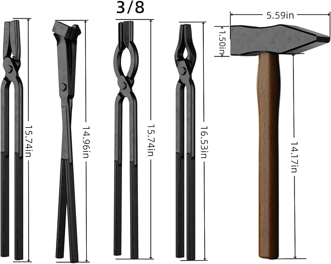 5PCS Blacksmith Tools with Blacksmith Tongs and Blacksmith Hammer,3/8inch V-Bit Bolt,V-Bit Blade,Flat Jaw,Square Jaw, and Assembled Blacksmithing Tongs for Forging Tools and Equipment