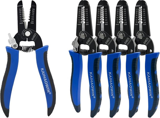 KAIHAOWIN 5 Pack Wire Stripper and Cutter with Safety Lock and Spring Loaded Professional Stripping Pliers Electrican Tool Small Gauge for 10-22 AWG Stranded Wire