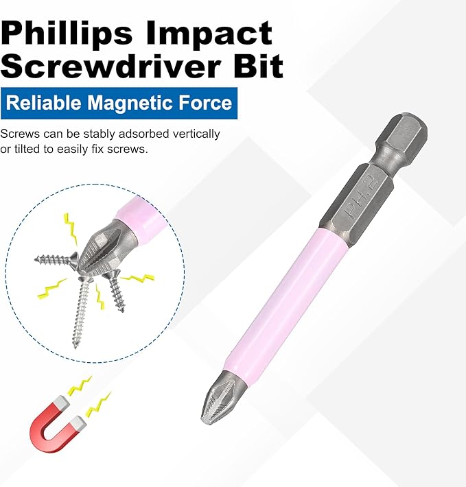 HARFINGTON 2pcs #2 Phillips Impact Screwdriver Bit PH2 1/4" Hex Shank 2.6" (65mm) Magnetic Anti Slip Cross Head Drill Bits K5 Steel Screw Driver Tool, Pink