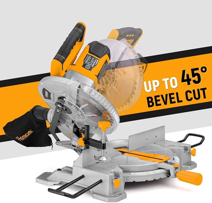Hoteche 10-Inch Miter Saw 15-Amp Compound Single Bevel Chop Saw with Laser and Blade for Wood and Metal Working