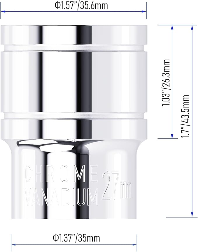 27mm Shallow Socket, 1/2 Inch Drive, 6-Point, Metric, Heat Treated CR-V Steel Short Sockets, Full Polishing, 1.7 Inch Length