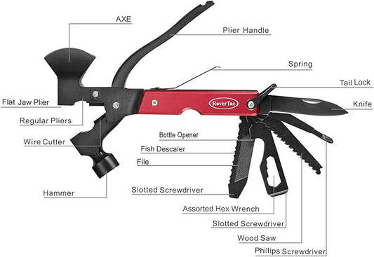 RoverTac 14-in-1 Multitool Camping Axe Hatchet ??Essential Camping Gear with Knife, Hammer, Saw, Bottle Opener, Screwdriver ??Multi Tool with Sheath ??Gifts for Men, Dad, and Outdoor Adventures