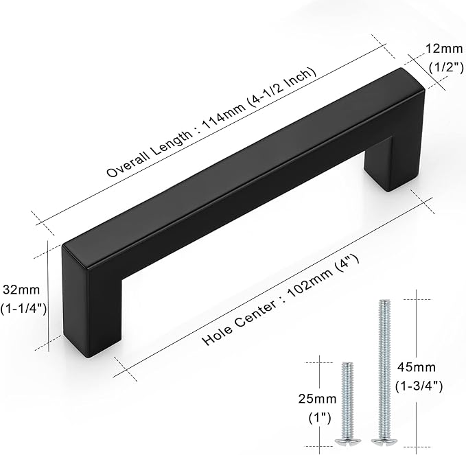 Probrico 10 Pack Black Square Bar Cabinet Pulls Drawer Dresser Handles Stainless Steel Modern Hardware for Kitchen Bathroom Cabinets Cupboard, Hole Center 4 Inch Desk Wardrobe Door Pulls