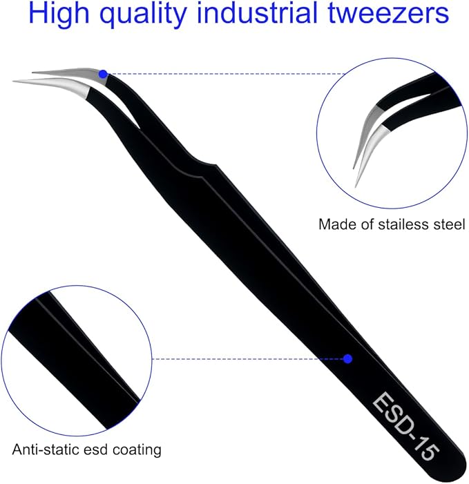 Precision Tweezers Set, 3 Pcs Upgraded Stainless Steel Anti-Static ESD Tweezers with Cleaning Cloth, for Craft, Electronic, Soldering, Model, Hobby, Jewelry Making, Laboratory Work, DIY