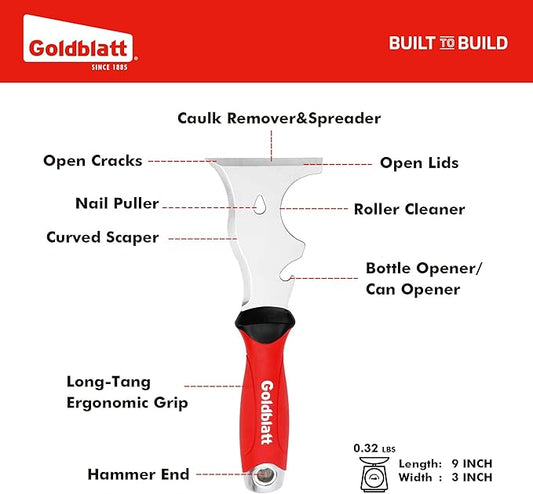 Goldblatt 9-in-1 Paint Scraper Tool, Heavy Duty Stainless Steel Putty Knife Scraper with Metal Hammer End, Multi-Use Painters Tool for Wood, Painting, Drywall