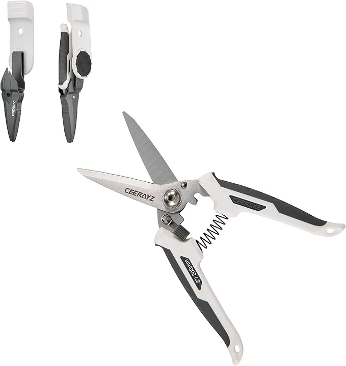 8" Scissors All Purpose, Heavy Duty Scissors Industrial, Multipurpose for DIY Projects, Office, Production Lines, Pruning, with Protective Sheath and Magnetic Holder (White/Gray)