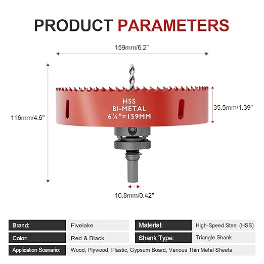 6.25" (159mm) Bi-Metal M42 High Speed Steel Hole Saw with Pilot Drill Bit, Smooth Cutting Edge for PVC, Drywall, Wood, Plastic, Gypsum Board, Rubber, Thin Metal