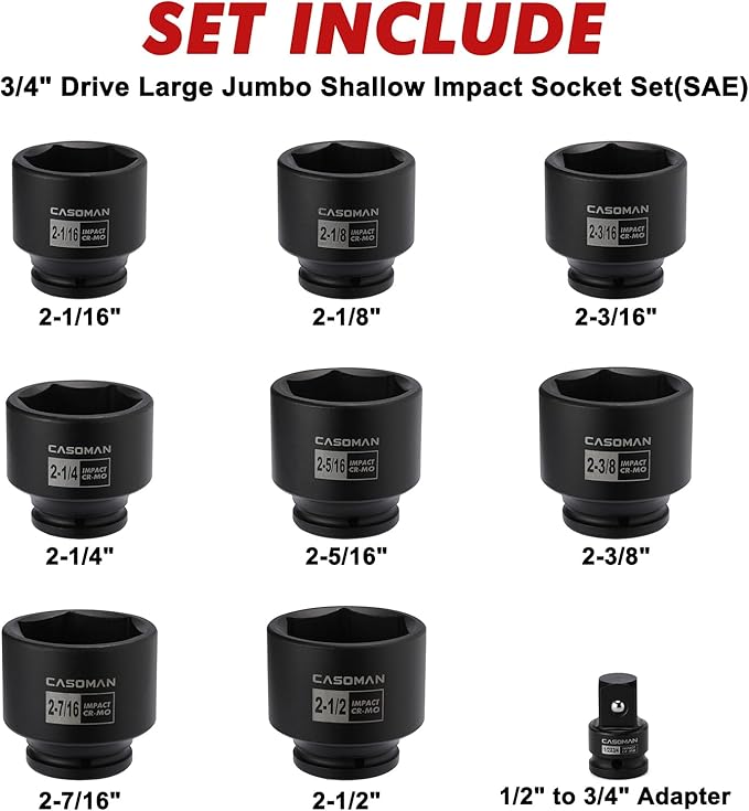 CASOMAN 9PCS 3/4" Drive Spindle Axle Nut Impact Socket Set, Include 1/2" to 3/4" Adapter, 6 Point, CR-MO, 2-1/16" to 2-1/2", Large Socket Set, Heavy Duty Use In Removing And Installing Axle Nuts