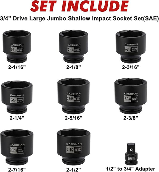 CASOMAN 9PCS 3/4" Drive Spindle Axle Nut Impact Socket Set, Include 1/2" to 3/4" Adapter, 6 Point, CR-MO, 2-1/16" to 2-1/2", Large Socket Set, Heavy Duty Use In Removing And Installing Axle Nuts