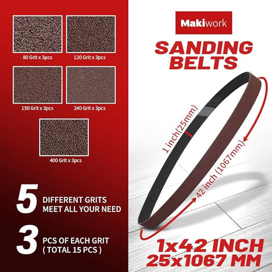 1 x 42 Inch 25 x 1067 mm Sanding Belts Set - 15-Pack with 80/120/150/240/400 Grits, Aluminum Oxide Abrasive Belts for Woodworking