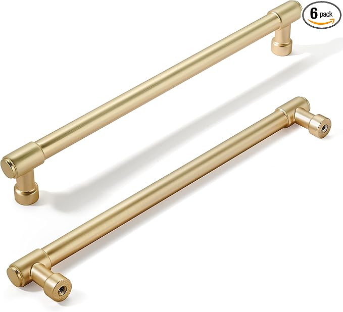 Khtumeware 6 Pack Gold Cabinet Handles - 12" (305mm) Hole Center Brushed Gold Pulls for Cabinets and Drawers