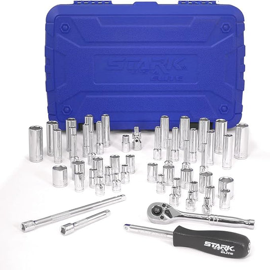 Stark USA 55-Pieces 1/4" Socket Set, Drive Socket Wrench Set, 1/4-inch Quick-Release Ratchets 90-Tooth Pear Head Ratchet SAE (5/32-9/16) MM (4-14)