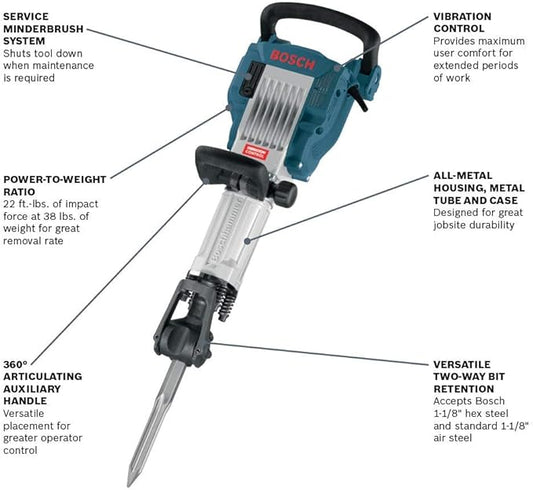 BOSCH Demolition Jack Hammer with 1-1/8-Inch Hex, 35-Pound Concrete Breaker (11335K)