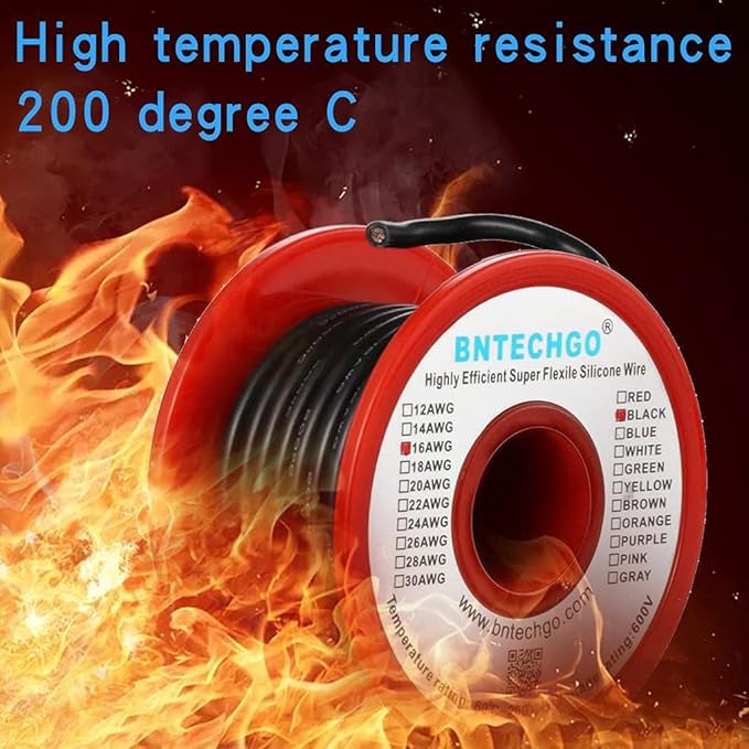 BNTECHGO 16 Gauge Silicone Wire Spool 25 ft Black Flexible 16 AWG Stranded Tinned Copper Wire