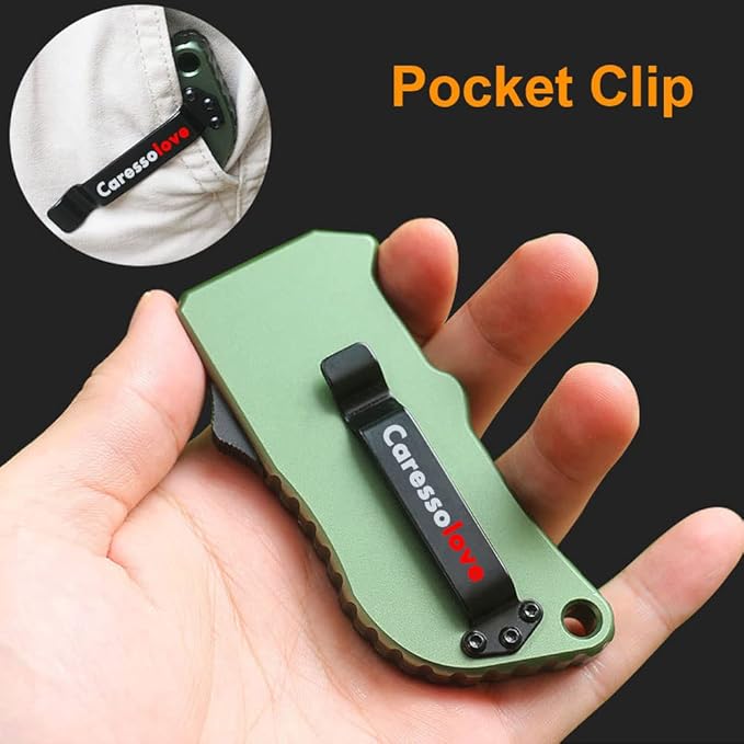 Aviation Aluminum Box Cutter Pocket Knife, EDC Auto Utility Knife Retractable, Replaceable Razor Blade Double Action Automatic Boxcutters With Clip, With 5pcs Spare Blades (Green-leahter)
