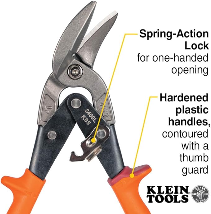 Klein Tools 2400L Left-Cutting Offset Snips, Aviation Tin Snips with Forged Blade for Precision Sheet Metal Cutting