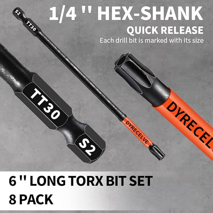 Impact Security Torx Bit Set 6-Inch Long (8-Pack T8-T40), S2 Steel Tamper Proof Star Bits Set, with 1/4'' Hex-Shank, Magnetic and High-Torque, for Automotive, Electronics, DIY