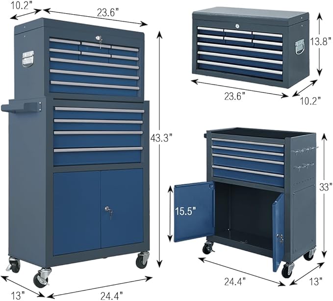 13-Drawer Tool Chest with Double Door and Wheels, Large Detachable Tool Box with Sliding Drawers, Mechanic Toolbox Storage Cabinets, Metal Tool Cart for Garage Workshop (Blue竊낶rey)