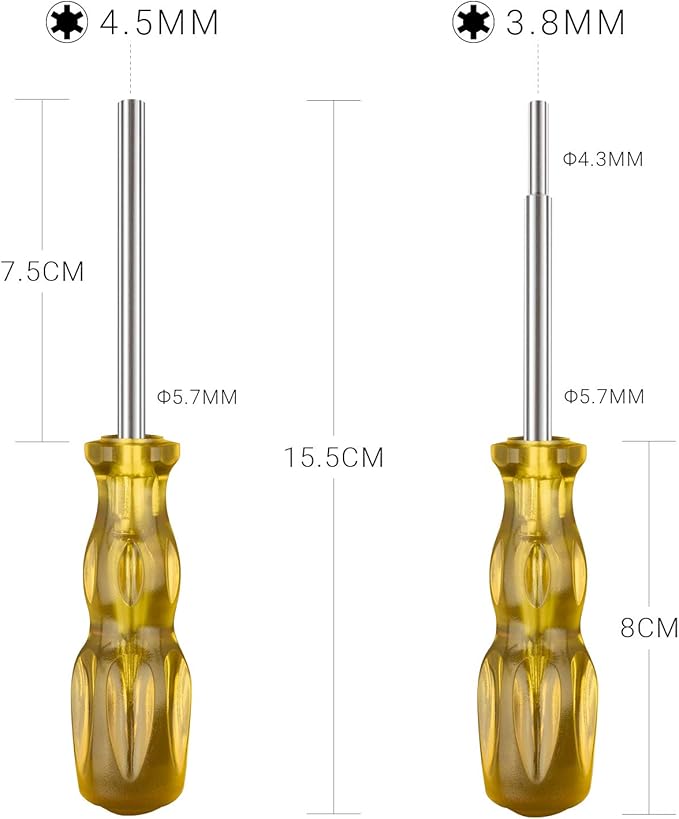 Gamebit Screwdriver Set, 3.8mm and 4.5mm Security Screwdriver Bits for Opening Nintendo, Sega Consoles and Game Cartridges - Trensparent Yellow