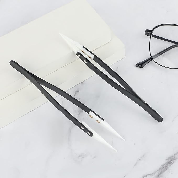 2pcs Ceramic Tweezers Stainless Steel Ceramic Precision Tweezers for Electronics, Non-Conductive Anti Static High Temperature Resistant Fine Point Tweezers for Precision Electrical Operation Black