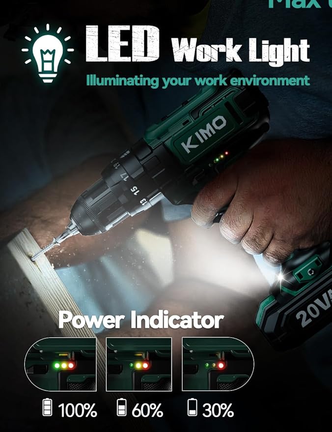KIMO Cordless Hammer Drill Set with 20V 2.0Ah Battery 2 Packs, 21+3 Position, Max 350 In-lb Torque, 0-1350 RPM, 3/8" Keyless Chuck, 14pcs Accessories, Power Drill for Drilling Wood Bricks Walls Metal
